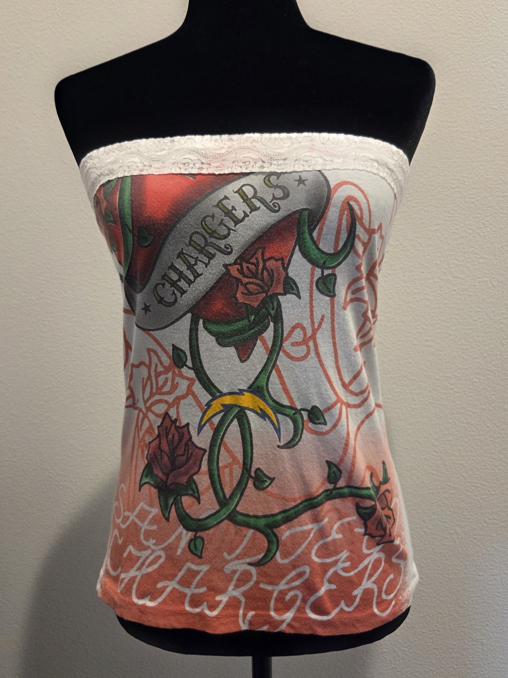 Y2k Upcycled Strapless Graphic Tube Top with Lace Trim San Diego Chargers